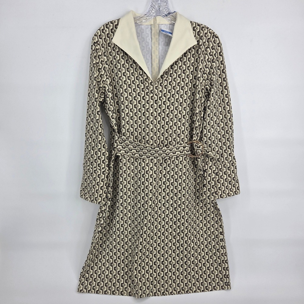 J.McLaughlin Daniele Dress L Olive Brown Arched Hall Geometric Mod Preppy Retro